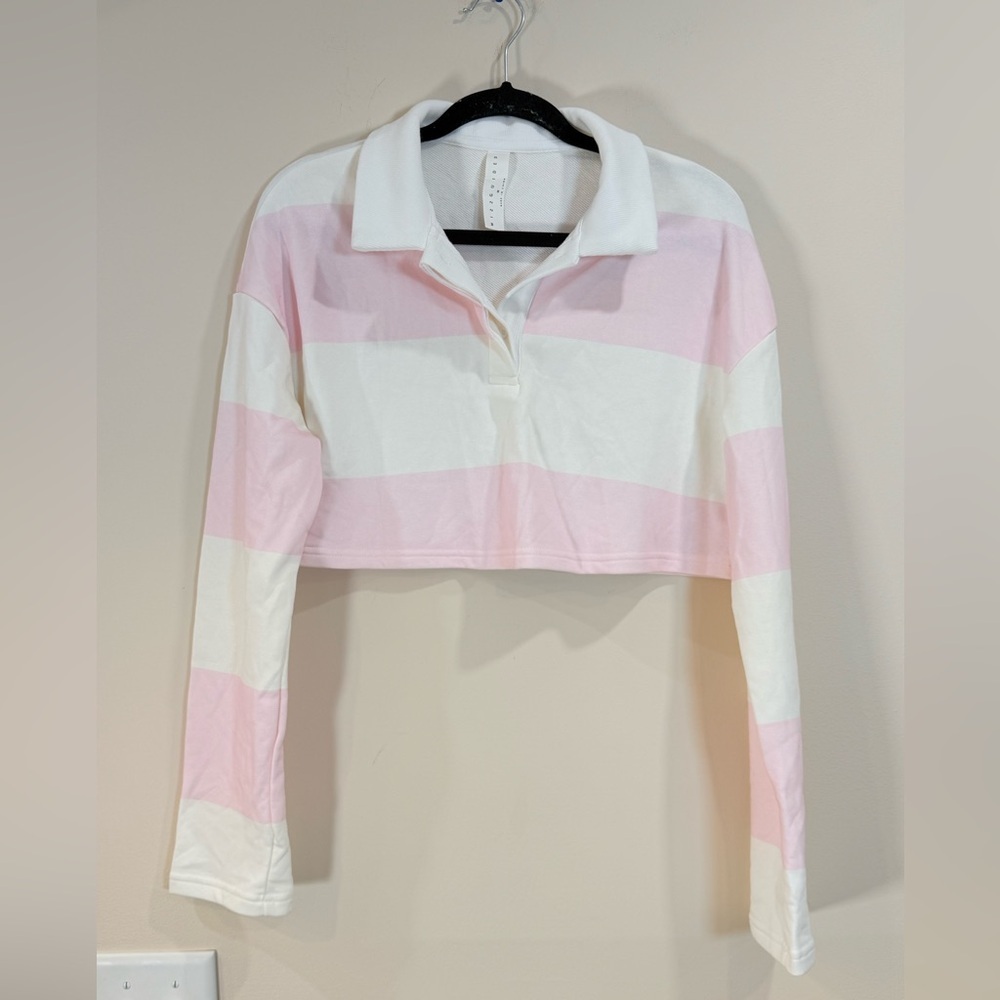 🔥NWOT Missguided Striped Cropped Polo Long-Sleeve Top - Pink & White Size M 🔥